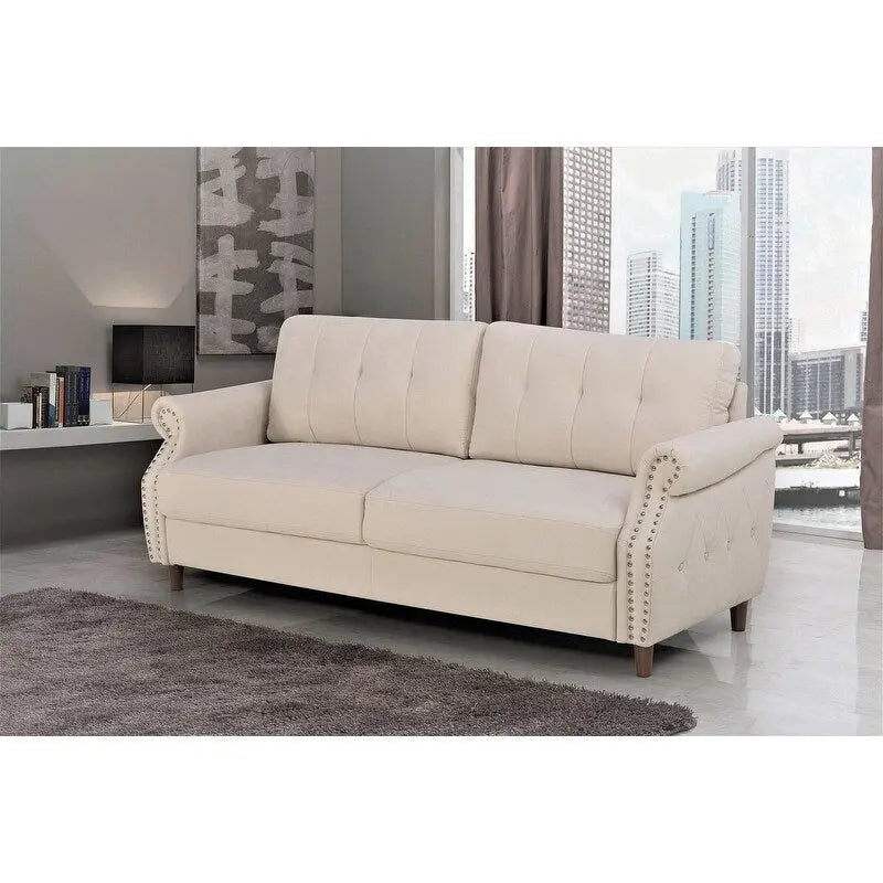 Transitional Button Tufted Sofa – Grey / Beige / Blue / Camel, Nail Head Trim, Rolled Arms, Seats 3