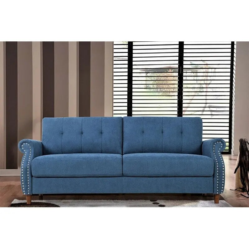 Transitional Button Tufted Sofa – Grey / Beige / Blue / Camel, Nail Head Trim, Rolled Arms, Seats 3