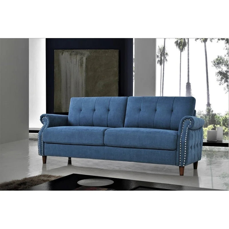 Transitional Button Tufted Sofa – Grey / Beige / Blue / Camel, Nail Head Trim, Rolled Arms, Seats 3