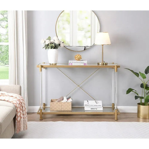 2-Tier Tempered Glass Console Table – Gold / Chrome, Steel & Acrylic Frame, Modern Style, Single