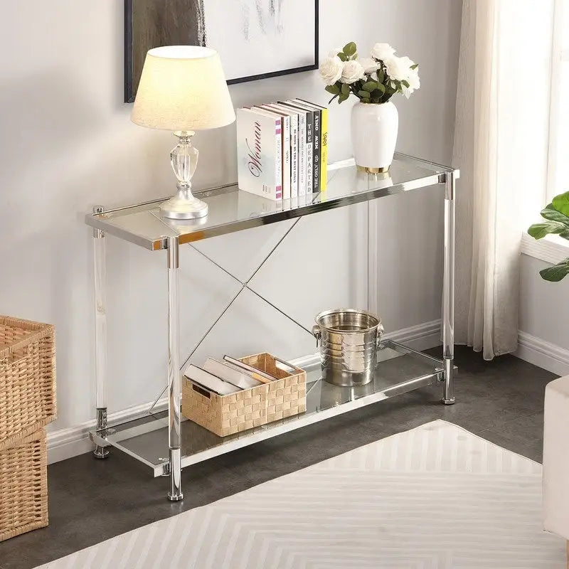 2-Tier Tempered Glass Console Table – Gold / Chrome, Steel & Acrylic Frame, Modern Style, Single