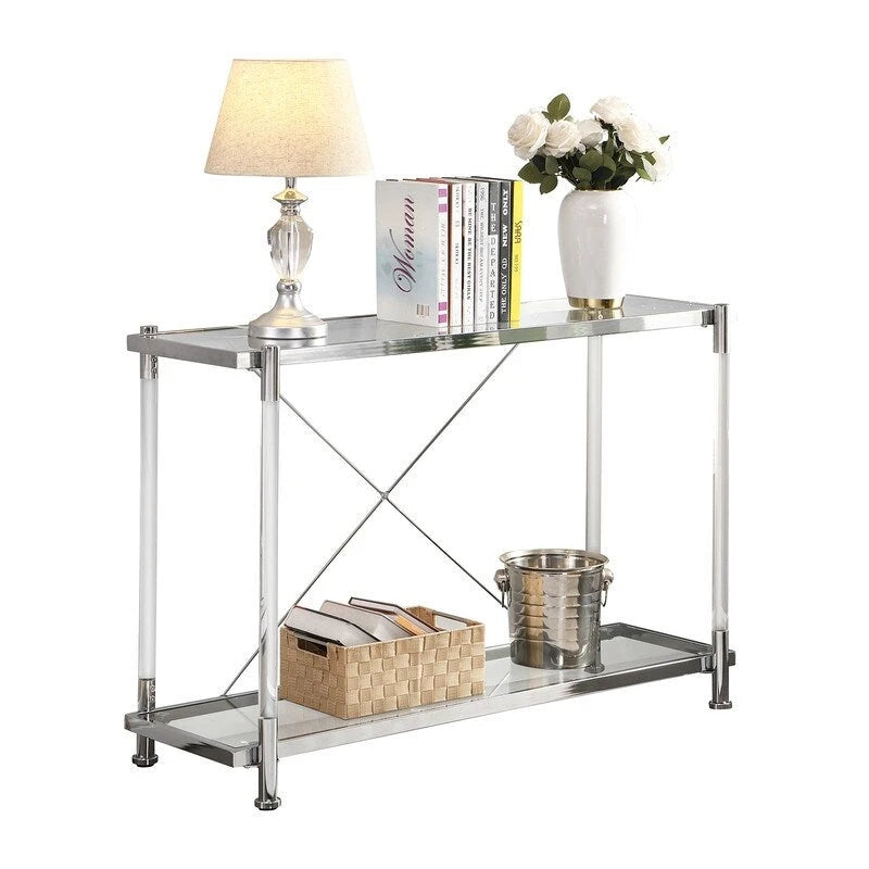2-Tier Tempered Glass Console Table – Gold / Chrome, Steel & Acrylic Frame, Modern Style, Single