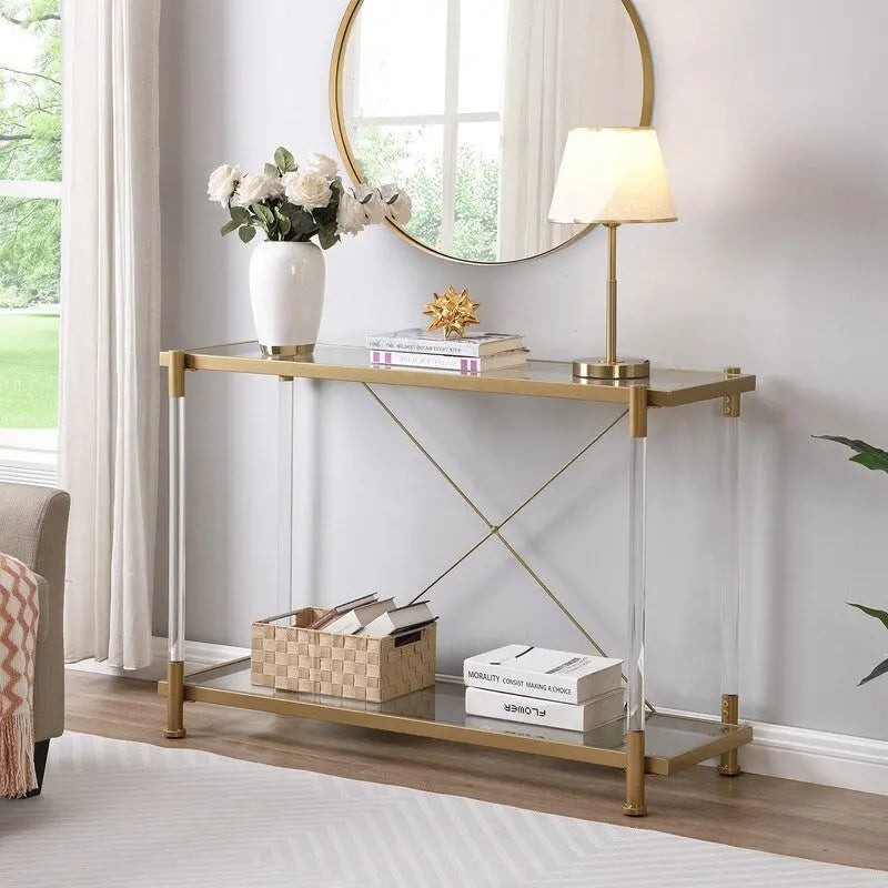 2-Tier Tempered Glass Console Table – Gold / Chrome, Steel & Acrylic Frame, Modern Style, Single