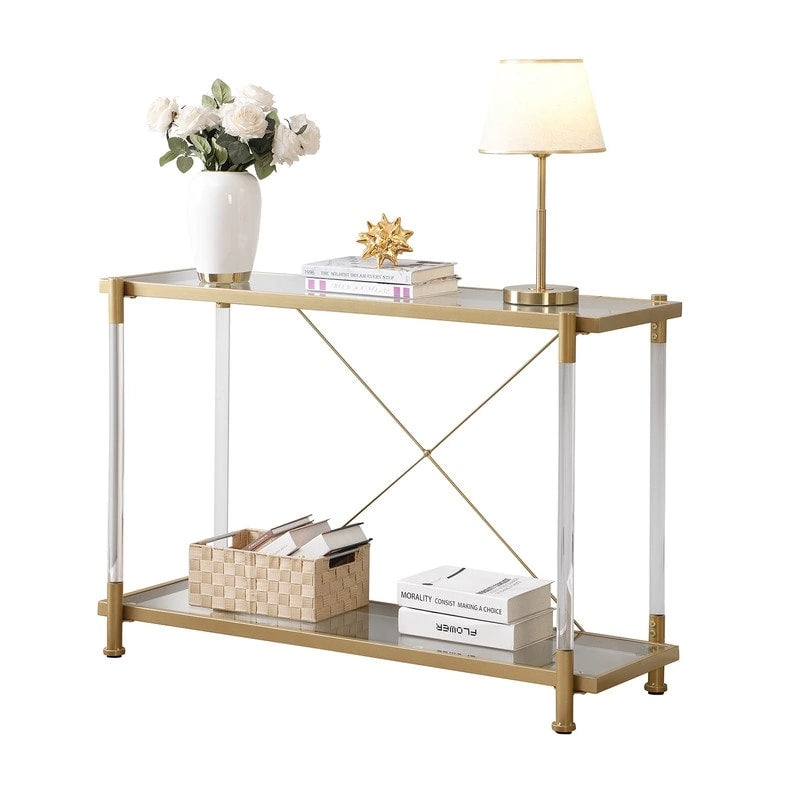 2-Tier Tempered Glass Console Table – Gold / Chrome, Steel & Acrylic Frame, Modern Style, Single
