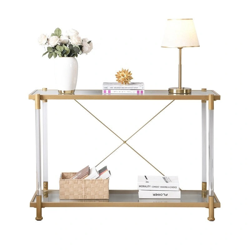 2-Tier Tempered Glass Console Table – Gold / Chrome, Steel & Acrylic Frame, Modern Style, Single