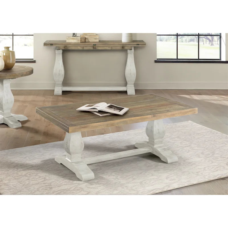 50" Solid Pine Coffee Table – Reclaimed Natural & White / Reclaimed Natural / Grey, Farmhouse Style, Single