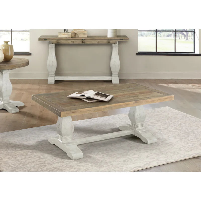 50" Solid Pine Coffee Table – Reclaimed Natural & White / Reclaimed Natural / Grey, Farmhouse Style, Single