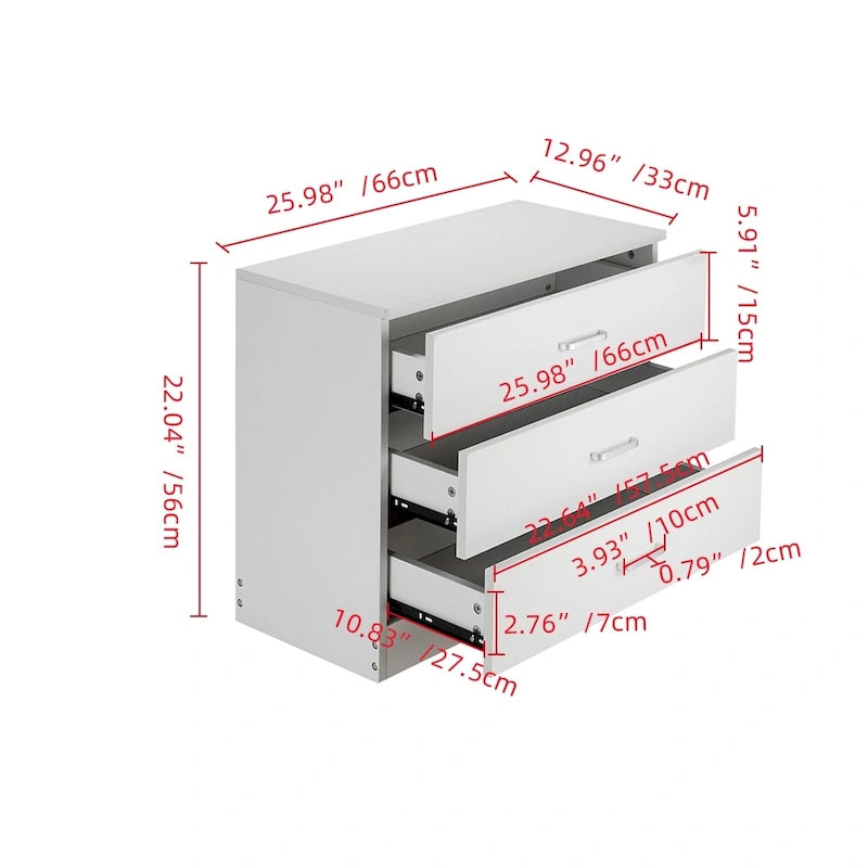 3-Drawer Wood Dresser Chest – White / Black, P2 Wood, Simple Style, Single