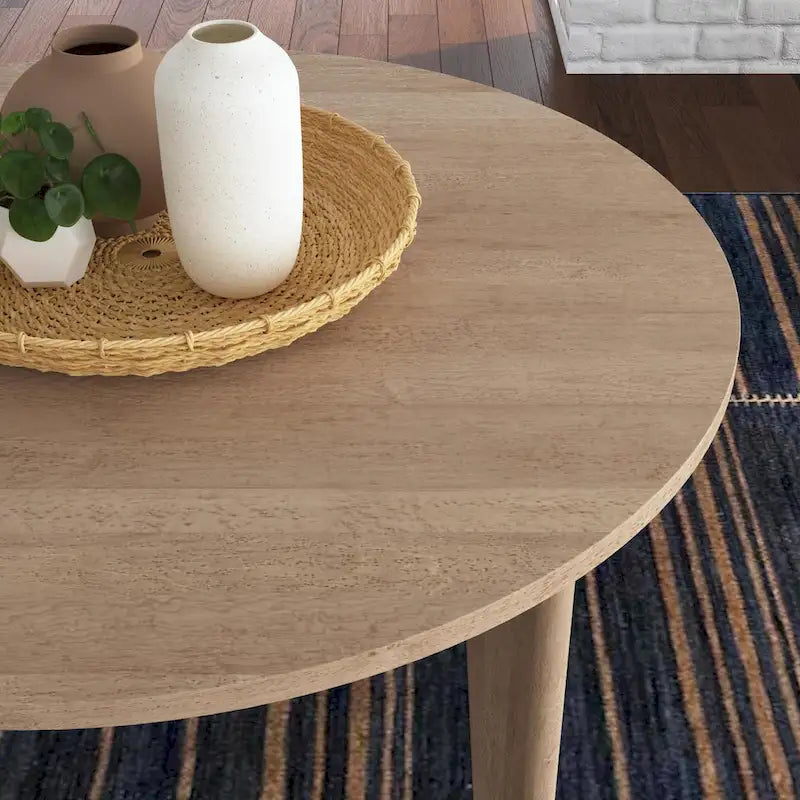 Round Dining Table – Brown Oak Finish, Mid-Century Style, Seats 4, Single-Person Assembly