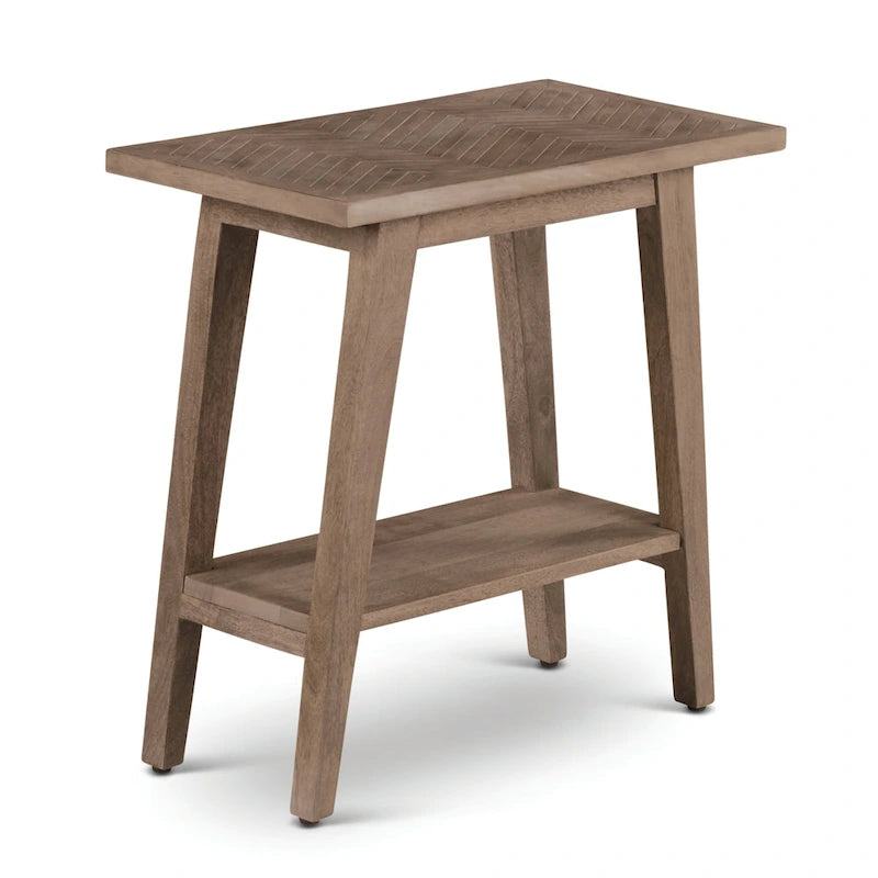 Solid Mango Wood Chairside End Table – Natural, Herringbone Inlay, Mid-Century Style, Single