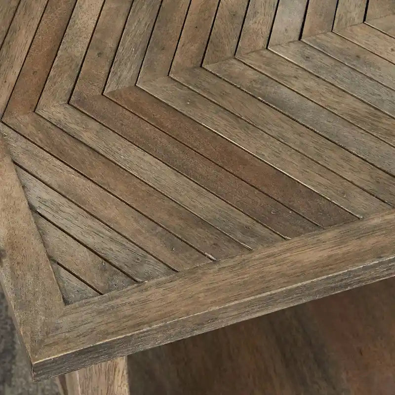 Solid Mango Wood Chairside End Table – Natural, Herringbone Inlay, Mid-Century Style, Single