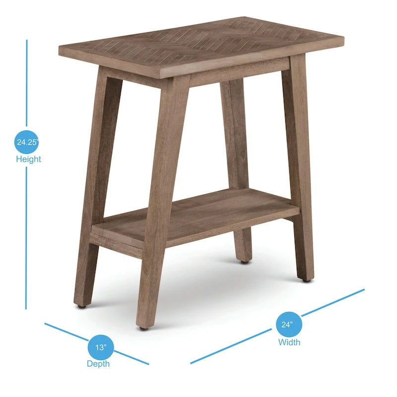Solid Mango Wood Chairside End Table – Natural, Herringbone Inlay, Mid-Century Style, Single