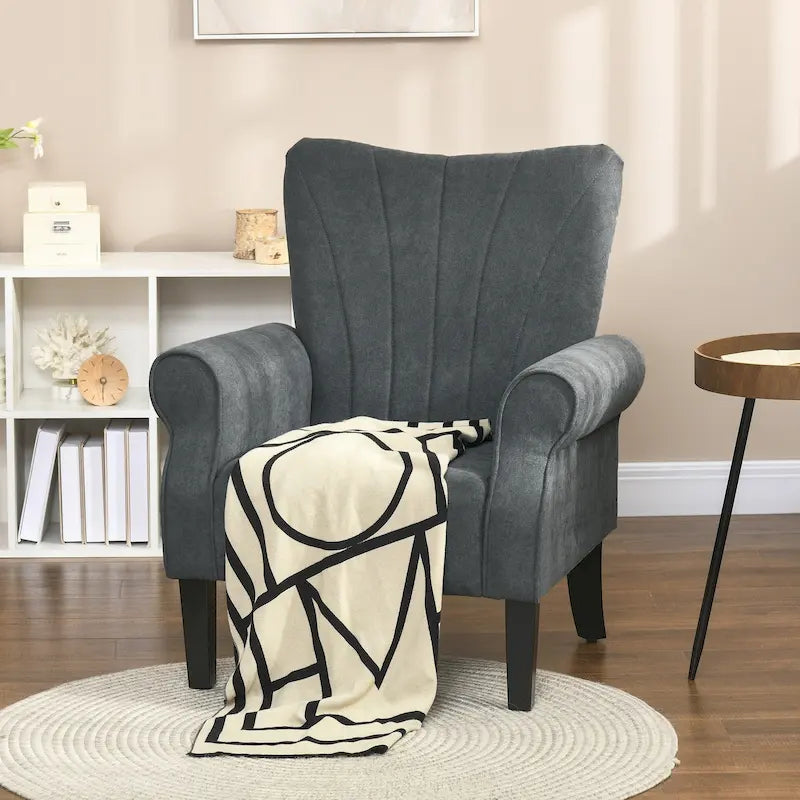 Mid-Century Modern Fabric Armchair – Dark Gray, Rolled Arms, Wood Legs, Single
