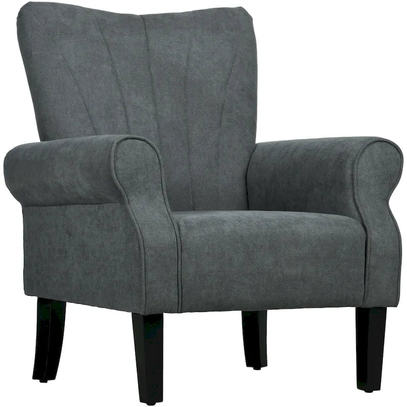 Mid-Century Modern Fabric Armchair – Dark Gray, Rolled Arms, Wood Legs, Single