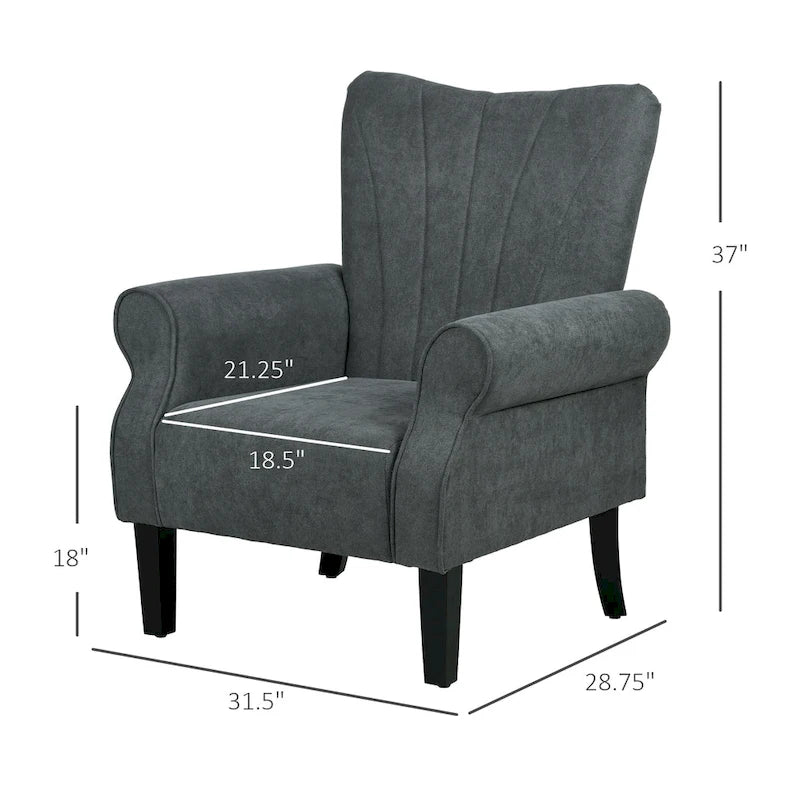 Mid-Century Modern Fabric Armchair – Dark Gray, Rolled Arms, Wood Legs, Single