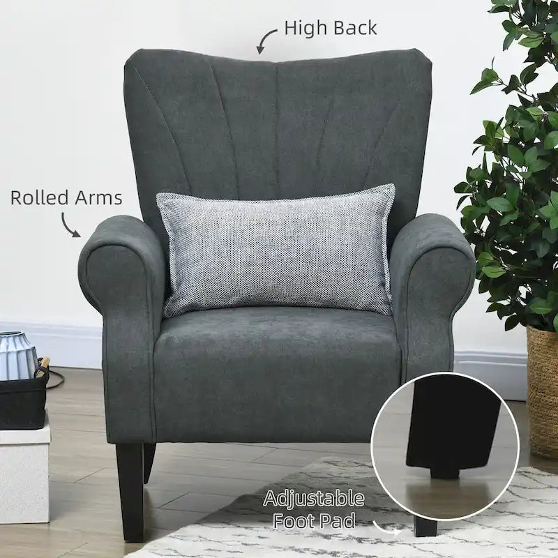 Mid-Century Modern Fabric Armchair – Dark Gray, Rolled Arms, Wood Legs, Single