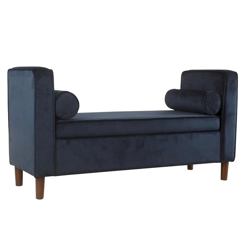 Velvet Storage Bench – Dark Blue, Mid-Century Style, Walnut Legs, Includes 2 Bolster Pillows, Single