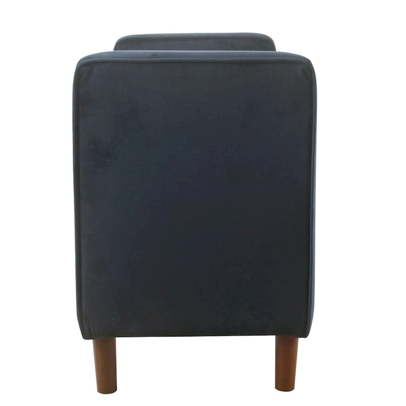 Velvet Storage Bench – Dark Blue, Mid-Century Style, Walnut Legs, Includes 2 Bolster Pillows, Single