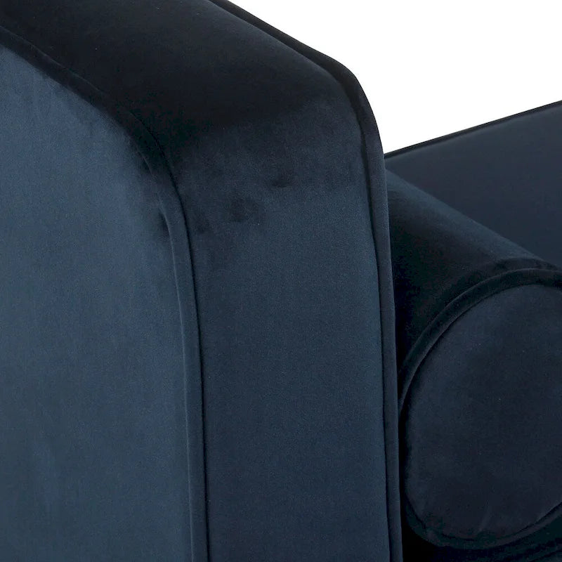 Velvet Storage Bench – Dark Blue, Mid-Century Style, Walnut Legs, Includes 2 Bolster Pillows, Single