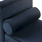 Velvet Storage Bench – Dark Blue, Mid-Century Style, Walnut Legs, Includes 2 Bolster Pillows, Single