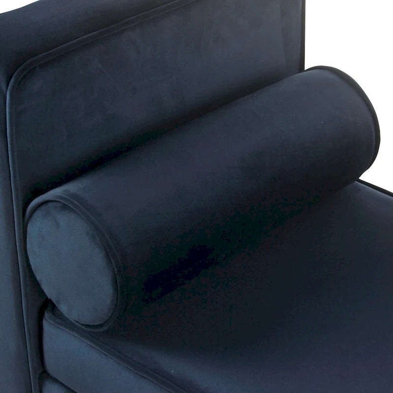 Velvet Storage Bench – Dark Blue, Mid-Century Style, Walnut Legs, Includes 2 Bolster Pillows, Single