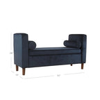 Velvet Storage Bench – Dark Blue, Mid-Century Style, Walnut Legs, Includes 2 Bolster Pillows, Single