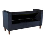 Velvet Storage Bench – Dark Blue, Mid-Century Style, Walnut Legs, Includes 2 Bolster Pillows, Single