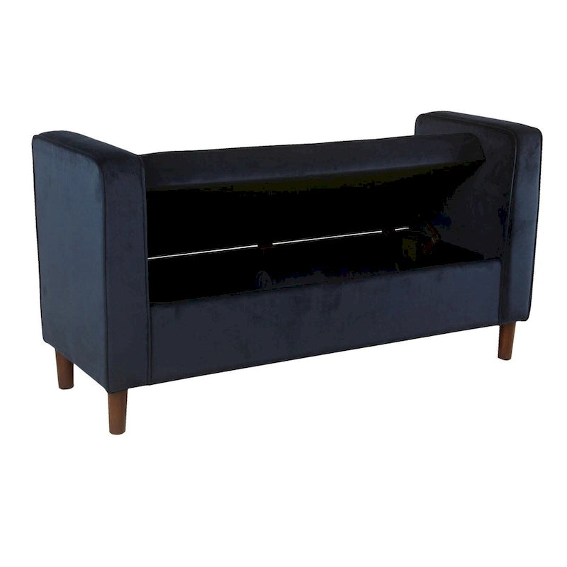 Velvet Storage Bench – Dark Blue, Mid-Century Style, Walnut Legs, Includes 2 Bolster Pillows, Single