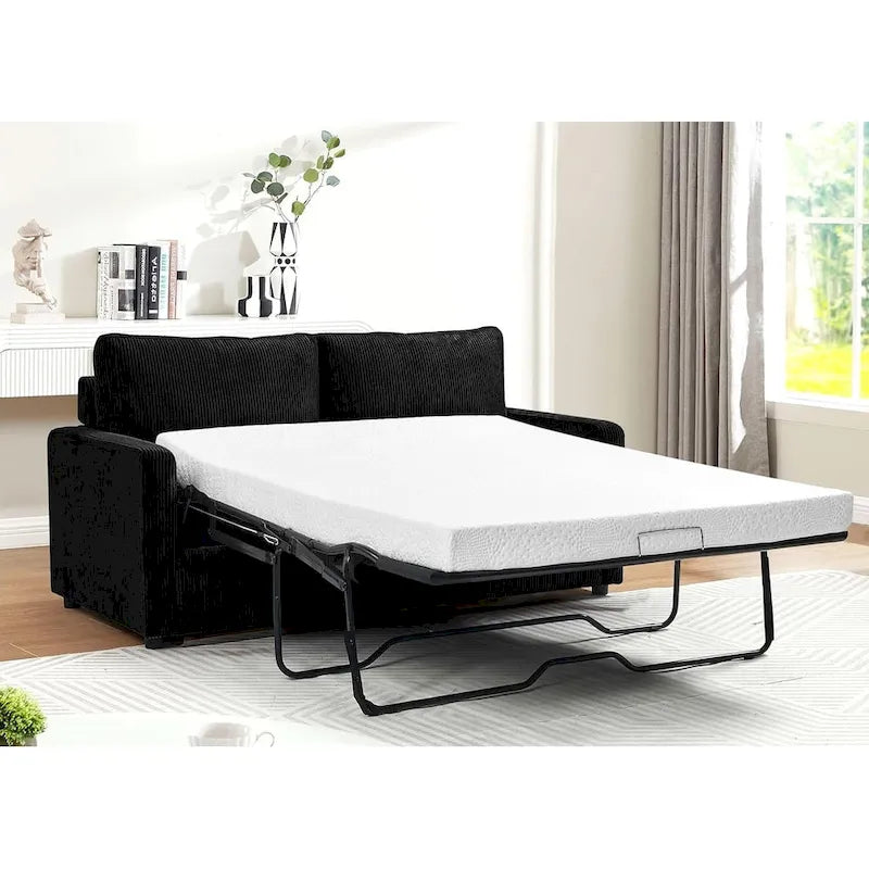 70" Corduroy Sleeper Sofa with Pull-Out Mattress – Ivory / Dark Green / Grey / Black, Square Arms, Seats 2–3