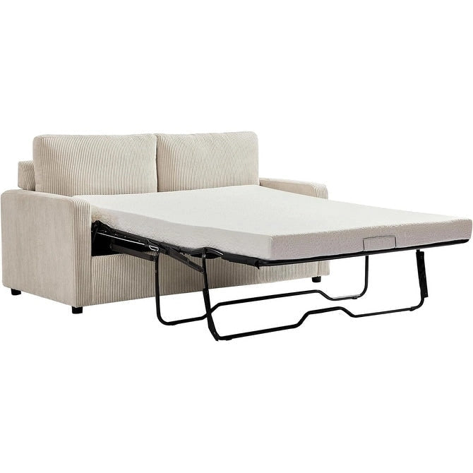 70" Corduroy Sleeper Sofa with Pull-Out Mattress – Ivory / Dark Green / Grey / Black, Square Arms, Seats 2–3