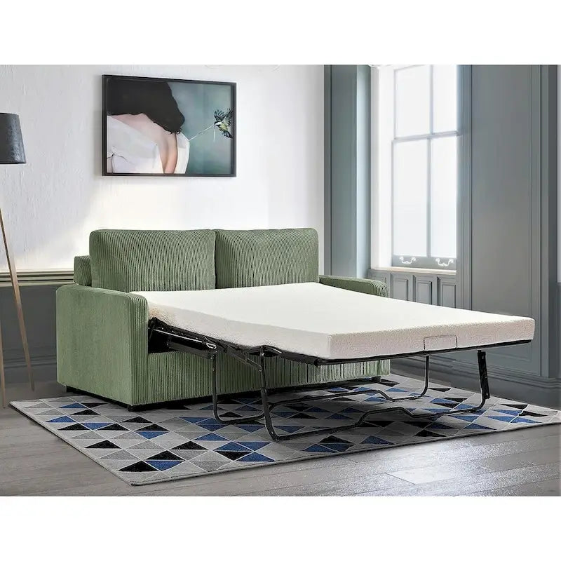 70" Corduroy Sleeper Sofa with Pull-Out Mattress – Ivory / Dark Green / Grey / Black, Square Arms, Seats 2–3