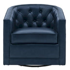 Top Grain Leather Swivel Accent Chair – Dark Blue / Grey / Brown, Button Tufted, Single