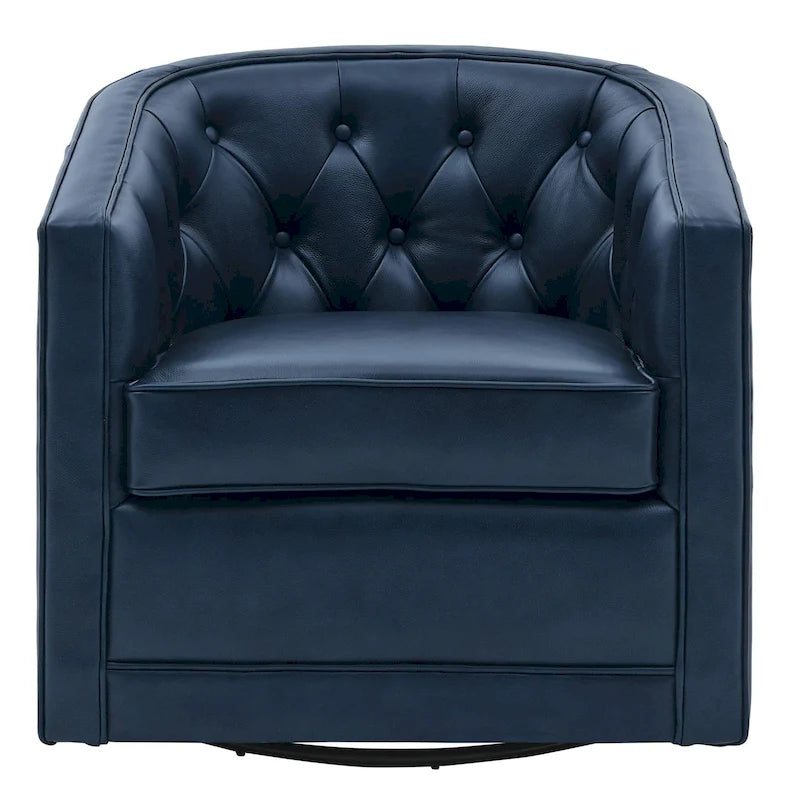 Top Grain Leather Swivel Accent Chair – Dark Blue / Grey / Brown, Button Tufted, Single