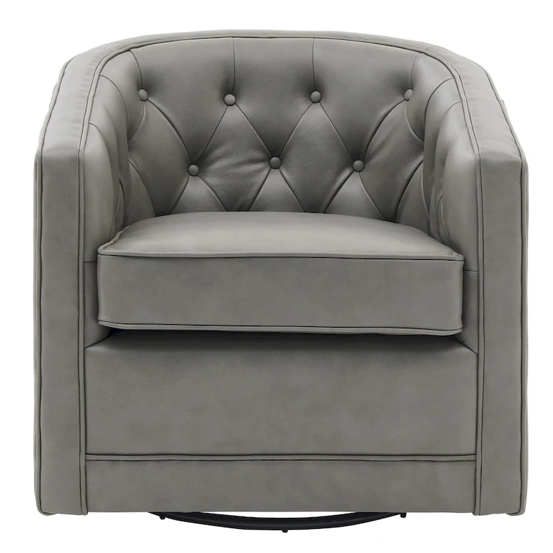 Top Grain Leather Swivel Accent Chair – Dark Blue / Grey / Brown, Button Tufted, Single