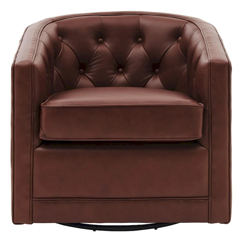 Top Grain Leather Swivel Accent Chair – Dark Blue / Grey / Brown, Button Tufted, Single