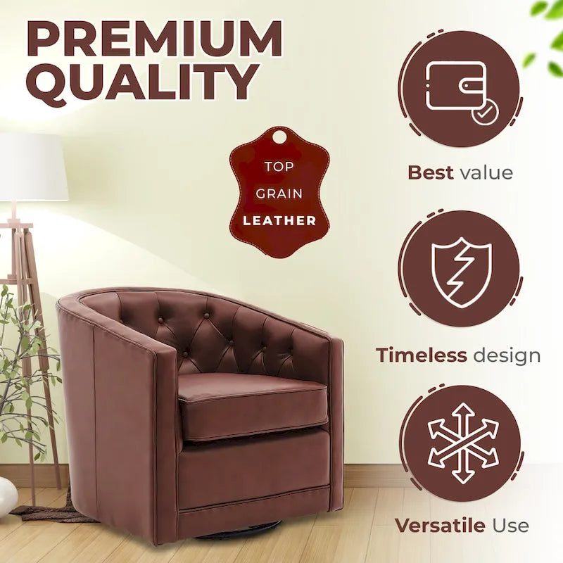 Top Grain Leather Swivel Accent Chair – Dark Blue / Grey / Brown, Button Tufted, Single