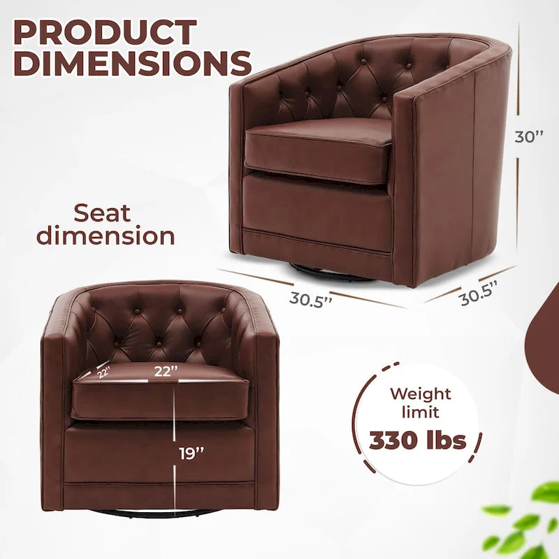 Top Grain Leather Swivel Accent Chair – Dark Blue / Grey / Brown, Button Tufted, Single