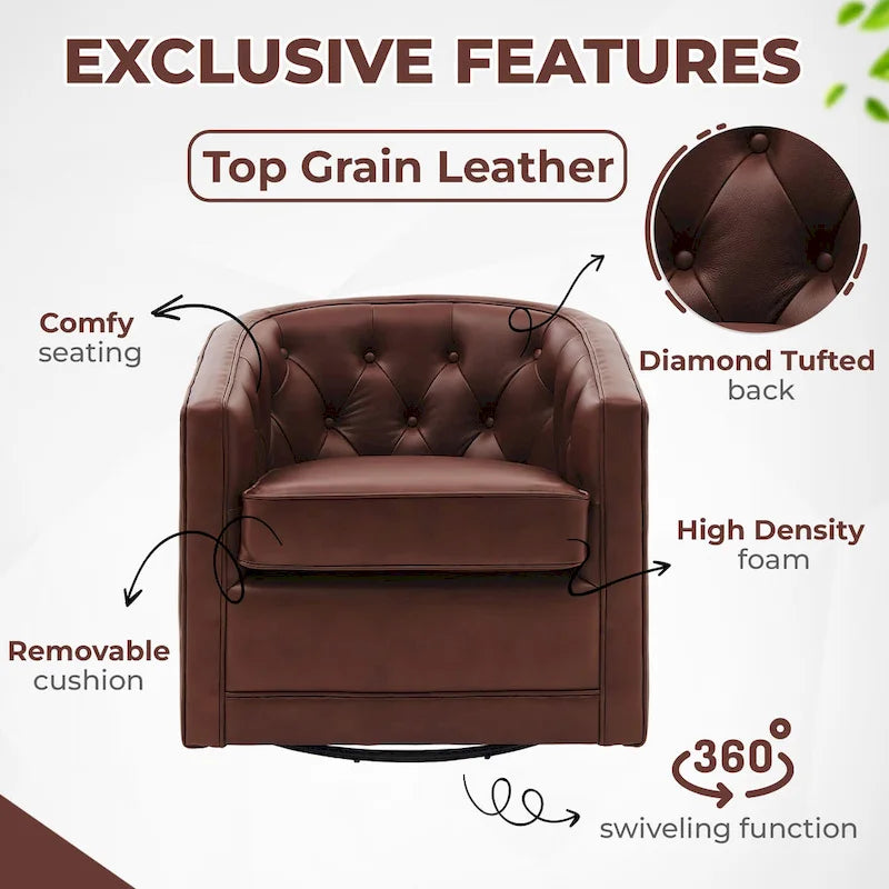 Top Grain Leather Swivel Accent Chair – Dark Blue / Grey / Brown, Button Tufted, Single