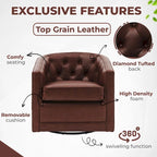 Top Grain Leather Swivel Accent Chair – Dark Blue / Grey / Brown, Button Tufted, Single