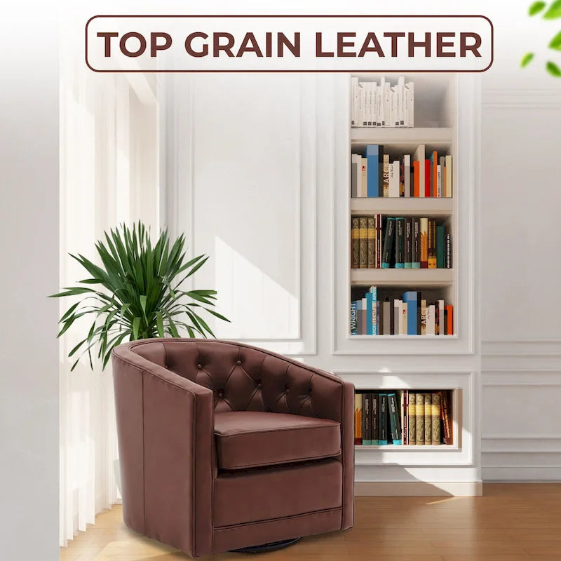 Top Grain Leather Swivel Accent Chair – Dark Blue / Grey / Brown, Button Tufted, Single