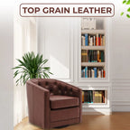 Top Grain Leather Swivel Accent Chair – Dark Blue / Grey / Brown, Button Tufted, Single