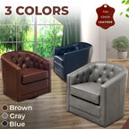 Top Grain Leather Swivel Accent Chair – Dark Blue / Grey / Brown, Button Tufted, Single