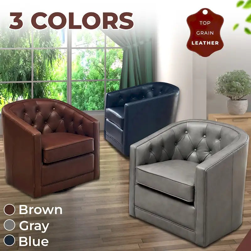 Top Grain Leather Swivel Accent Chair – Dark Blue / Grey / Brown, Button Tufted, Single