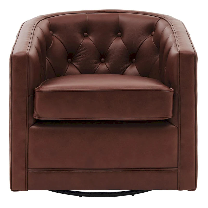 Top Grain Leather Swivel Accent Chair – Dark Blue / Grey / Brown, Button Tufted, Single