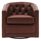 Top Grain Leather Swivel Accent Chair – Dark Blue / Grey / Brown, Button Tufted, Single