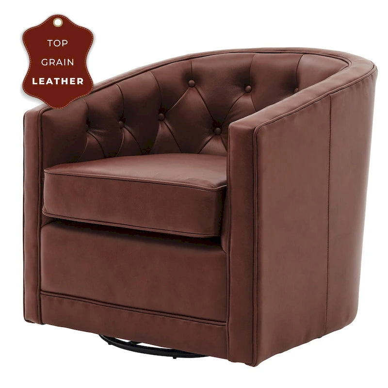 Top Grain Leather Swivel Accent Chair – Dark Blue / Grey / Brown, Button Tufted, Single