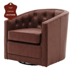 Top Grain Leather Swivel Accent Chair – Dark Blue / Grey / Brown, Button Tufted, Single