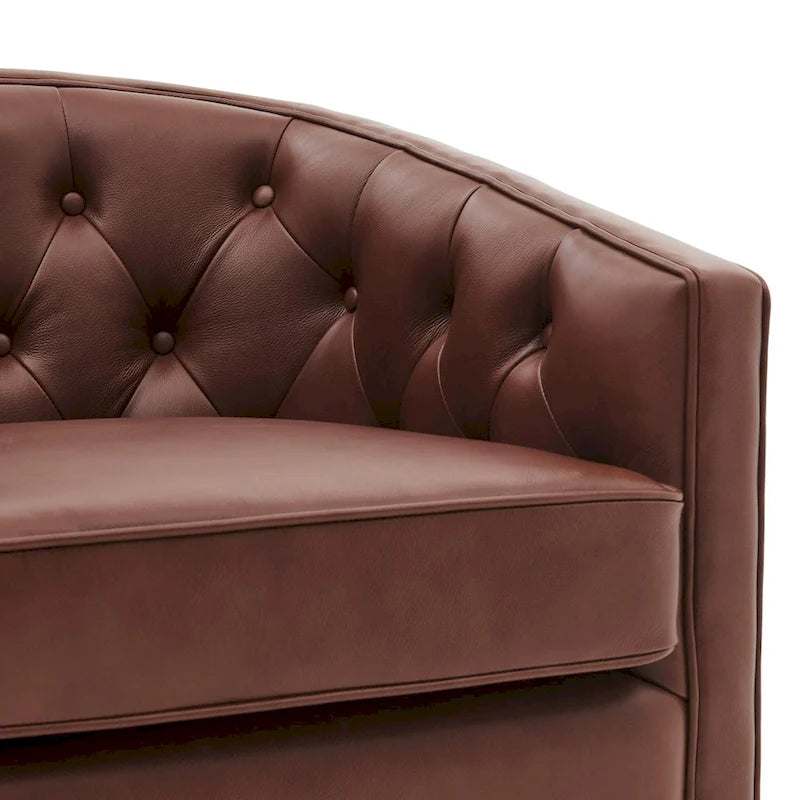 Top Grain Leather Swivel Accent Chair – Dark Blue / Grey / Brown, Button Tufted, Single