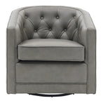 Top Grain Leather Swivel Accent Chair – Dark Blue / Grey / Brown, Button Tufted, Single
