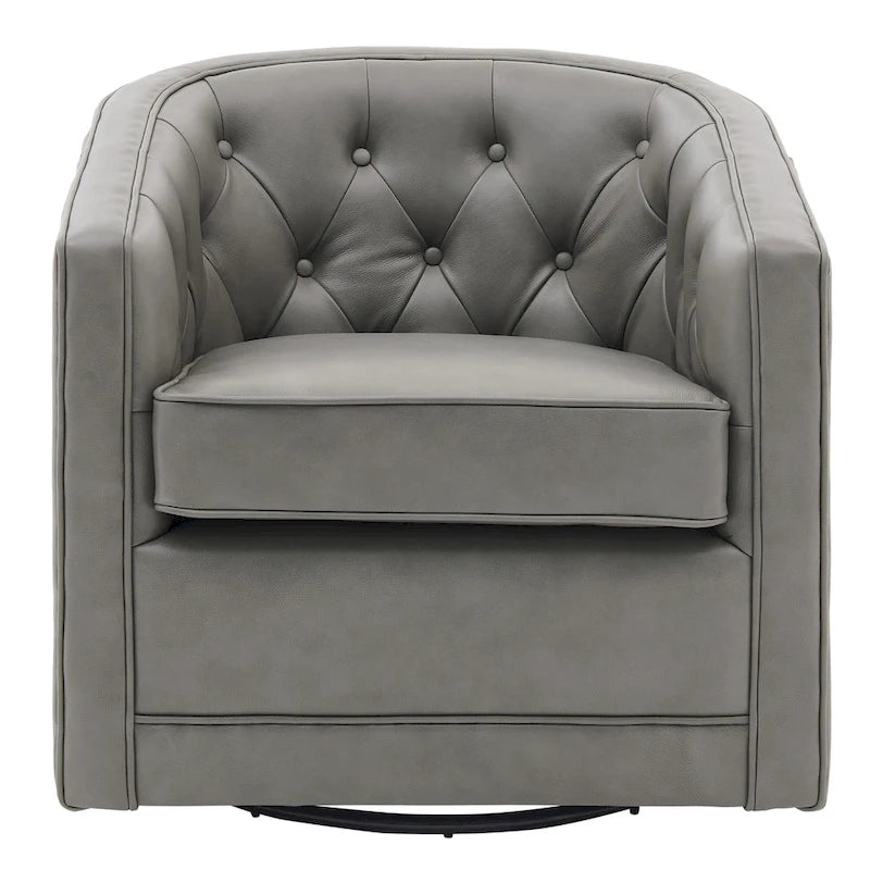Top Grain Leather Swivel Accent Chair – Dark Blue / Grey / Brown, Button Tufted, Single